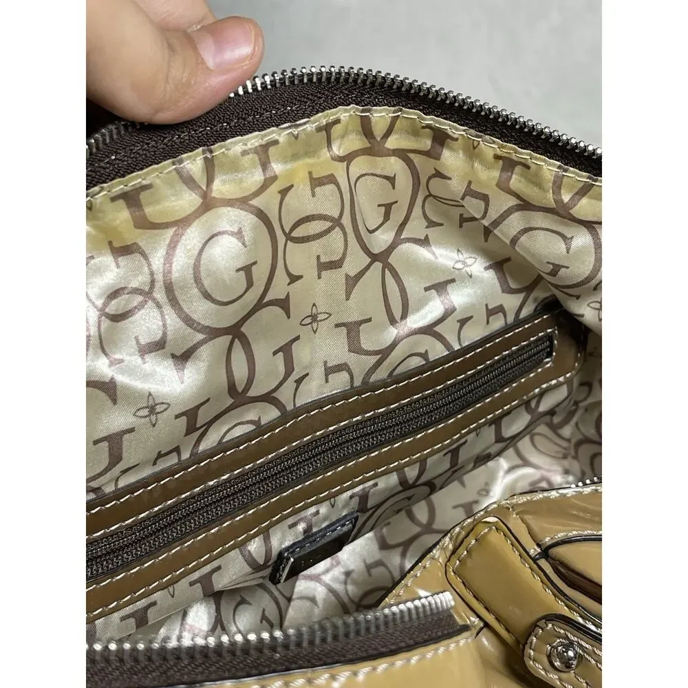 GUESS Patent Leather Satchel Shoulder Bag Brown Tan Logo Purse W015017